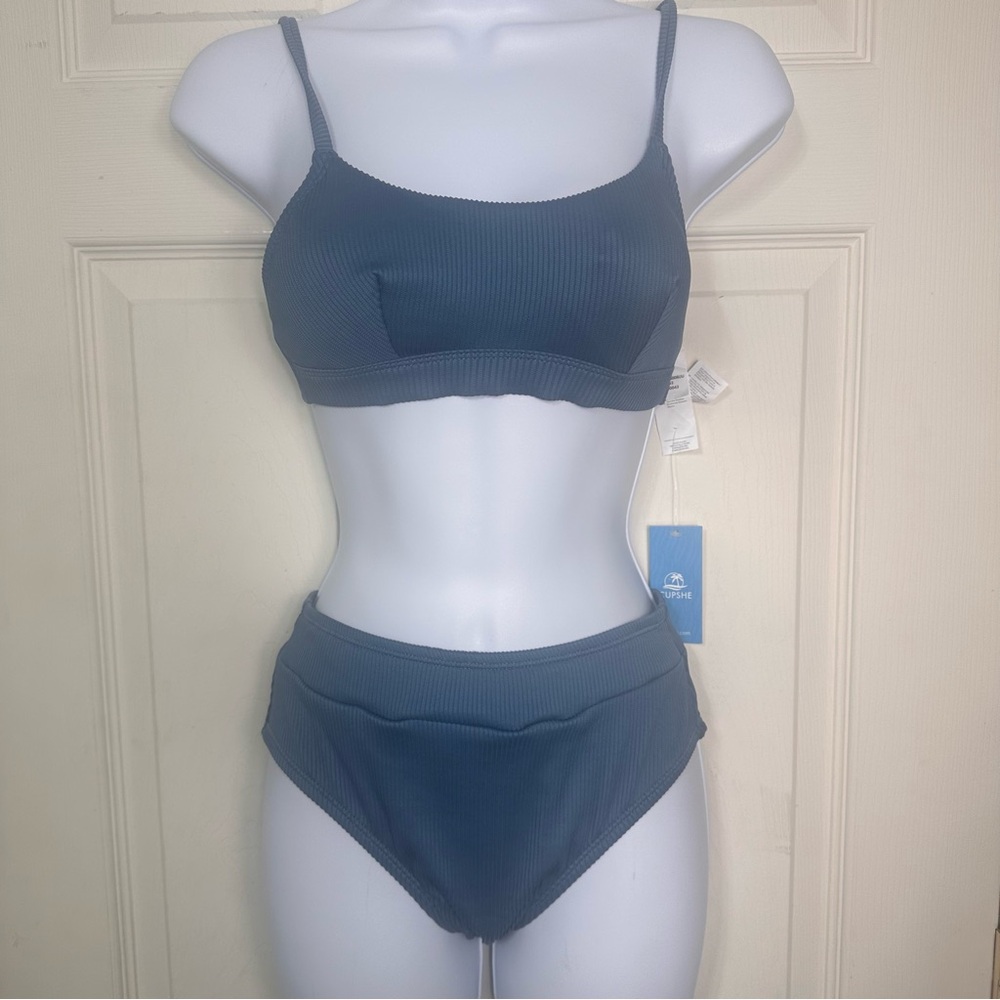 NWT Cupshe Blue‎ Bikini Ribbed Bralette And Midrise Size X-Small